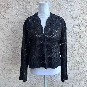 Chicos Embroidered Beaded Lace Jacket Black Long Sleeve Size 1 (Medium)